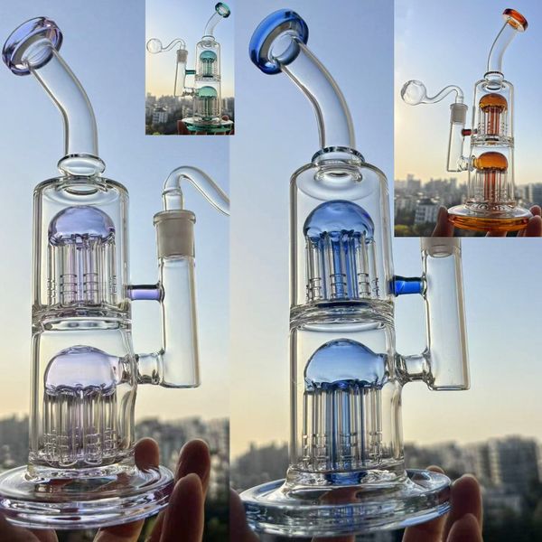 heady Thick glass arms tree colored Solid base Glass Bongs 10inch recycler oil water pipes with 14mm burner pipes fab egg Hookahs for smoking purple