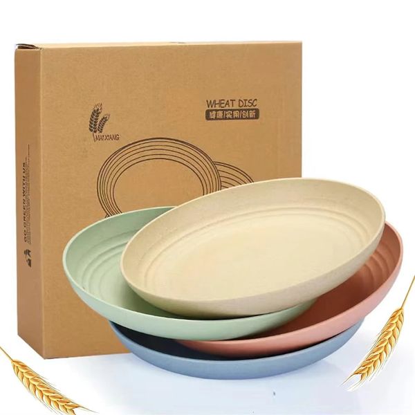 4pcsSet Wheat Straw Plate Lightweight Unbreakable Reusable Dinner Dishes Plates Dishwasher Microwave Safe for Kitchen Camping 260112BJ