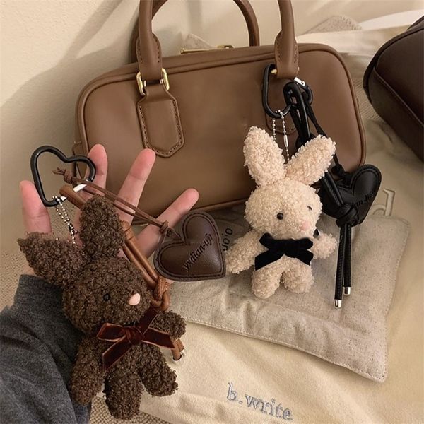 Kawaii Plush Bunny Keychain Leather Heart Pendant Cartoon Doll Bag Charm Car Keychain Couples Bag Pendant Accessories 251224BJ