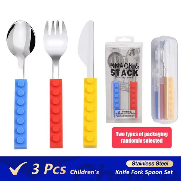 3pcs Stainless Steel Dinnerware Children Western Cutlery Set Knife Fork Spoon Dinner Tableware Silicone Building Blocks Handle 260113BJ