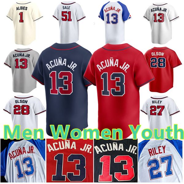 Custom 13 Ronald Acuna Jr 27 Austin Riley Chris Sale Matt Olson Harris II Spencer Strider Walle n Ozzie Albies Braves Jones Rosario Baseball Jersey