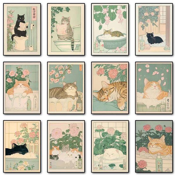 Japanese Tabby Cat in Bathtub Poster Prints Canvas Painting Retro Aesthetic Wall Art Picture Japandi Bathroom Toilet Home Decor 26L0115