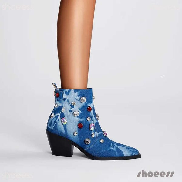 boots women Craftsmanship Beaded Denim boots designer women's Ankle 7cm Chunky Heel Slip On Short Boots