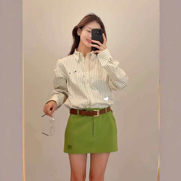 Designer High Version Miu Home 2025 New Pure Cotton Striped Smooth Texture Straight Casual Long Pants + Shirt For Women cffa