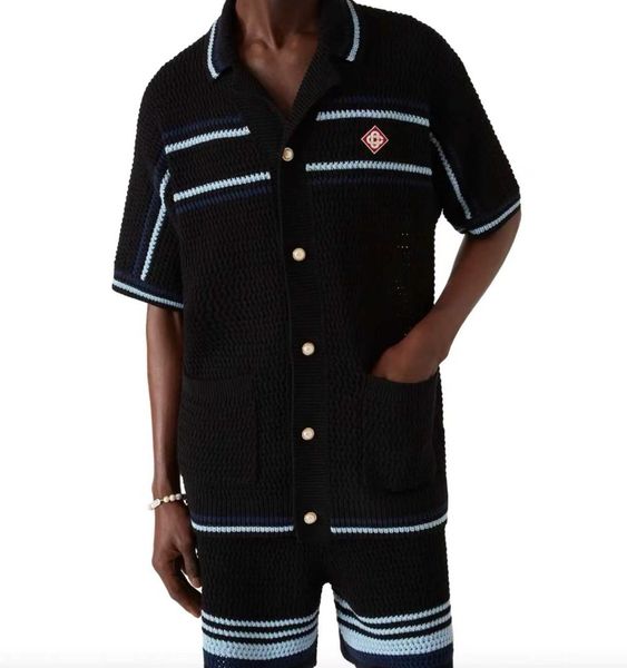 2026 Casabalnc Trendy New Designer Striped Hollow-out Jacquard Men's Fashion Knitted Short-sleeve Top with Lapel Casual Retro Loose Knit Cardigan Sweater Shirt Coats