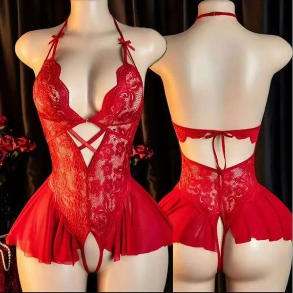 Red Lace Bodysuit with Ruffle Skirt Sexy Halter Neck Lingerie Set for Women, Romantic & Elegant Nightwear