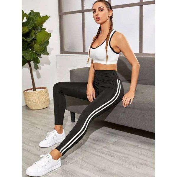 Women Side Stripe Sports Tights Stretch Tummy Control Athletic Leggings High Waist Butt Lift Fashion Gym Running Yoga Pants