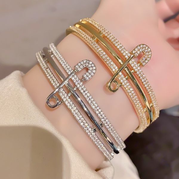 Bracelets Women, Exaggerated Safety Pin Design, Inlaid Zircon Unique Fashion High-End Open Adjustable Bangle, Hand Jewellery for Party and Daily Wear