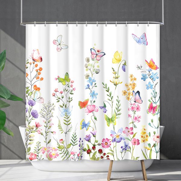 YL-38211 Waterproof Shower Curtain Set with Floral and Plant Designs, Shower Coverage, No Drill Required