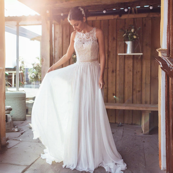 Boho Chiffon A-Line Wedding Dresses Lace Sleeveless Open Back Floor Length Simple Bridal Gowns 2026 Light Ivory Bride Dress Customized