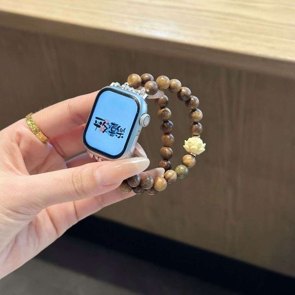 S10 Band New Chinese Style Green Sandalwood Beaded Apple Watch 9 8 7 Elastic iWatch for Men and Women
