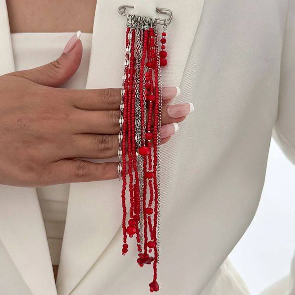 Exaggerated Long Tassel Chain Rice Bead Crystal Womens Brooch Handmade Bead Multi-layer Chain Fixed Needle Clothing Decoration 260126BJ