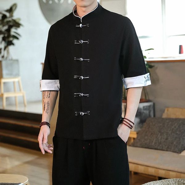Summer Crane Embroidery Top Traditional Chinese Style Men's Vintage Half Sleeve Linen Shirts Madarin Collar Kungfu Shirt