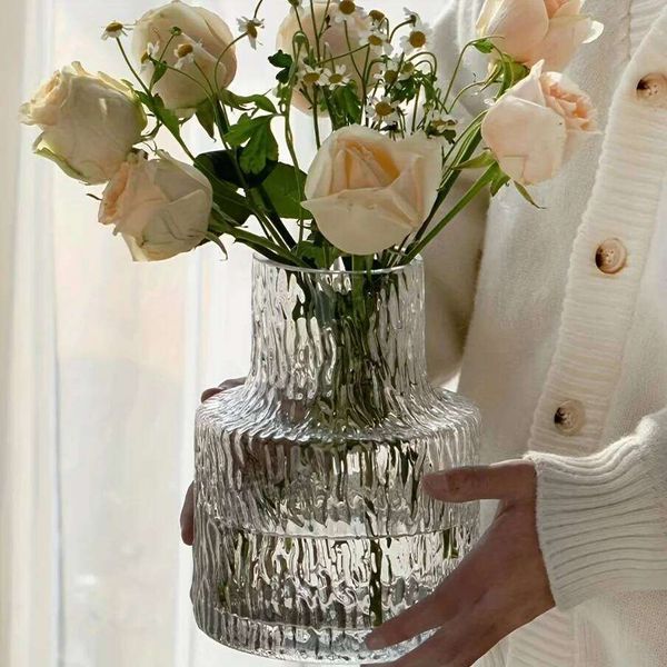 Nordic Vintage-Style Textured Glass Vase Wide-Mouth Flower Arrangements, Perfect for Home And Table Decoration H260127