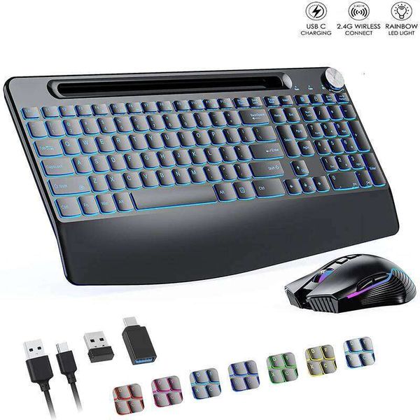 Ergonomic 2.4G Wireless Rechargeable Keyboard Set for Laptop With Color Backlit Phone Holder Wrist Rest and Jiggler Mouse 26L0127