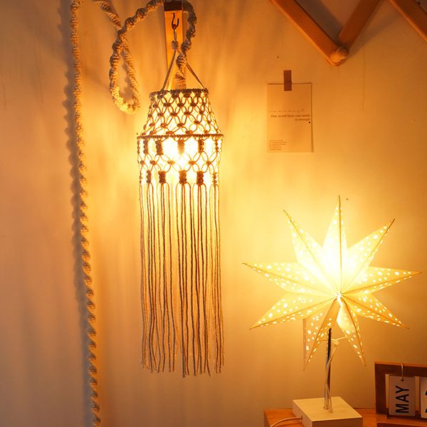Handwoven Bohemian Artistic Macrame Tassels Cotton Rope Lamp Shade Pendant Light Cover for Home Bedroom Decor Woven Techniques