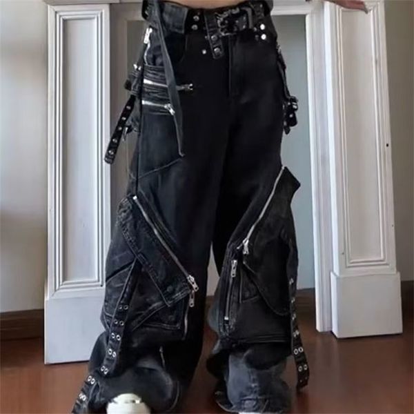 Black Gothic Punk Multi-Pocket Zipper Black Jeans Men And Women Y2K American Baggy Fashion Vintage Casual Loose Wide-Leg Jeans260107wwBJ