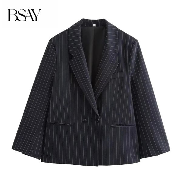 BSAY Blazers for Women Fashion Autumn Winter Loose Fine Stripes Long Sleeve Double-breasted Suits Jacket Chic Female Suit Coat