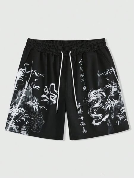 men's summer shorts loose and luxurious shorts 3D printed casual bamboo forest dragon print Harajuku ancient style shorts