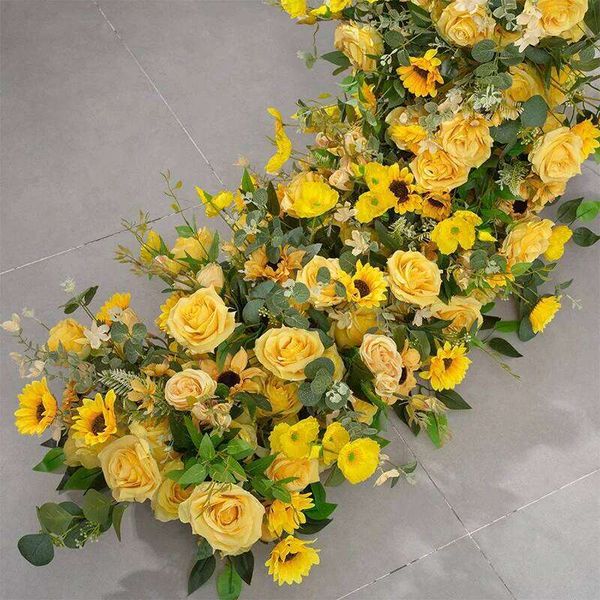 Yellow Rose sunflower green leaf Artificial Large Ball Flower Row Runner Wedding Backdrop Decoar Event Party Props W260130