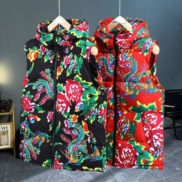 Chinese-style Northeast Big Flower Cotton Padded Jackets Autumn Winter Men Hooded Vest Chinese Style Floral Sleeveless Jacket Waistcoats ddmytues