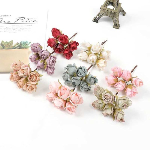 6PCs/Lot Artificial Flowers Bouquet For Home Room Decor Mini Rose Flower Garden Indoor Wedding Decoration DIY Wreath Accessories Z260801