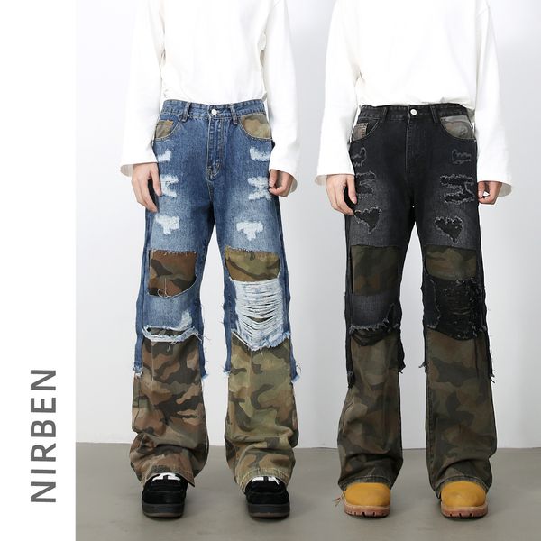 Denim High Street American Style Patchwork Ripped Camouflage Jeans Men's Loose …