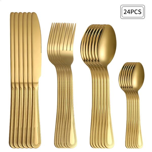 24pc Stainless Steel Gold Cutlery Set Knife Fork Spoon Steak Knife Fork Dessert Fork Spoon Retro Suitable for Restaurant Kitchen 260825