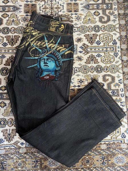 Men's Jeans Harajuku Y2k 2000s Clothing Vintage Statue Of Diamonds Casual Denim Pants High Waist Straight Wide Leg