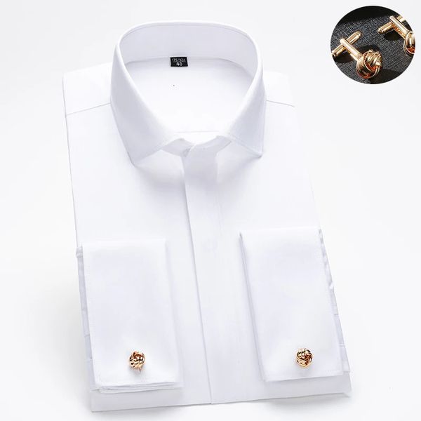 Mens French cufflink shirt with long sleeves slim fit concealed buttons solid color high end wedding dress formal mens 260302