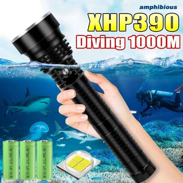 900000LM Powerful XHP390 Flashlight IPX8 Underwater Lamp Professional Scuba Diving Torch 1000M High Power LED Flashlights Z260301