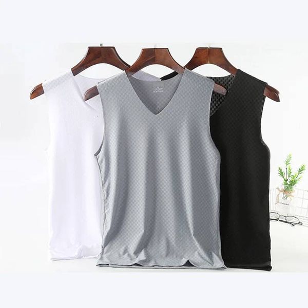 Large Size Without Trace Ice Silk Vest Men Mesh Square with the Cut V-Neck Breathable Elastic Thin Section Sleeveless 5xl White ddmythur