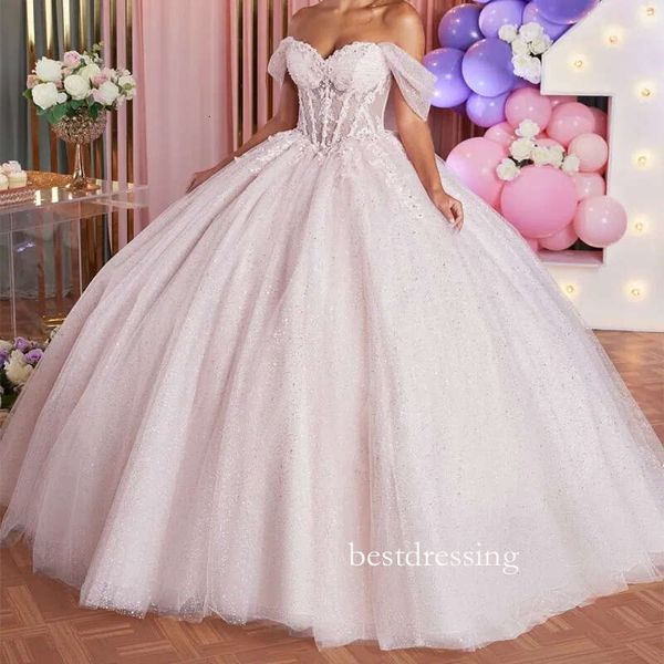 Light Pink Shiny Princess Sweet 16 Dress Quinceanera Dresses Off The Shoulder Applique Lace Beads Tull Party Birthday Vestides De 15 Anos D0213