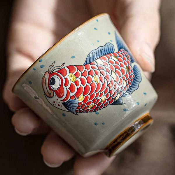 Golden and jade fl hall arowana small tea cup ceramic he master cup single cup tea ta cup kung fu tea set gift box H260303