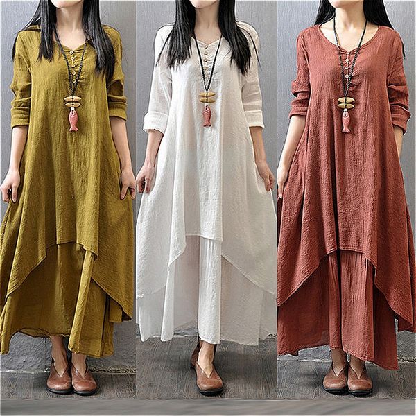 767 Spring and Autumn Fake Two-piece Long Skirt Artistic Swing Linen Dress Loose Long Sleeve Cotton and Linen Skirt