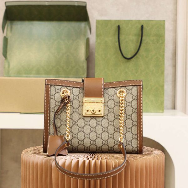 Monogram-Print Canvas Chain Tote Bag, Lock Closure Shoulder Bag for Women Luxury Crossbody Purse with Leather Trim