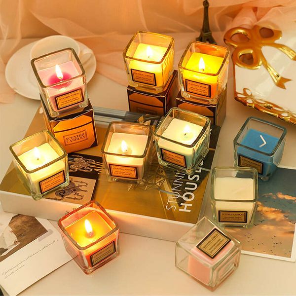 Glass Square Cup Candy Color Soy Wax Oil Living Room Bedroom Home Use Smokeless Aromatherapy Candle Gift W260304