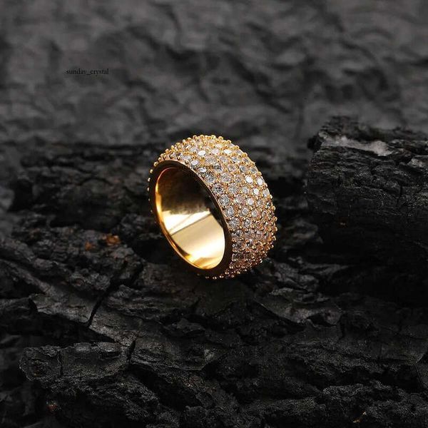 Hip Hop 11mm Five Rows Zircons Real Gold Plated Men Finger Ring Jewelry