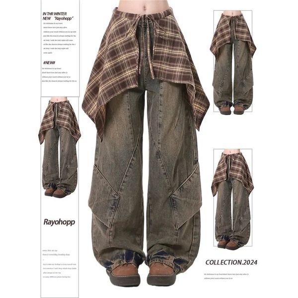 Women Blue Y2k Jeans with Skirt Harajuku Vintage Baggy Denim Trousers Japanese 90s Style Oversize Jean Long Pants Clothes 260302
