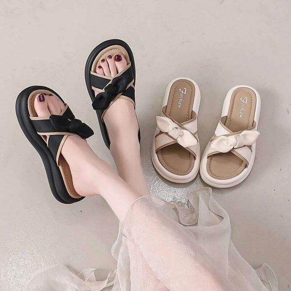 **Fashionable Round Toe Thick Sole Comfortable Beach for Women Summer New Fish Mouth Elegant Wedge Heel Bow Slippers