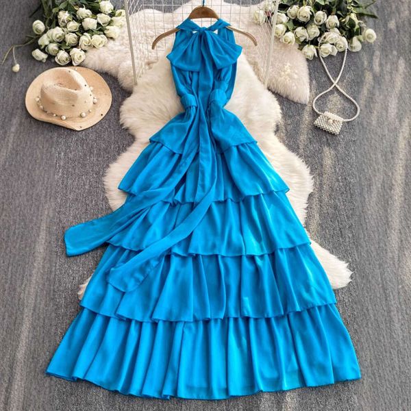 2026 seaside vacation sexy a24 deep V-neck backless dress, summer blue waist cinching slim fit backless dress