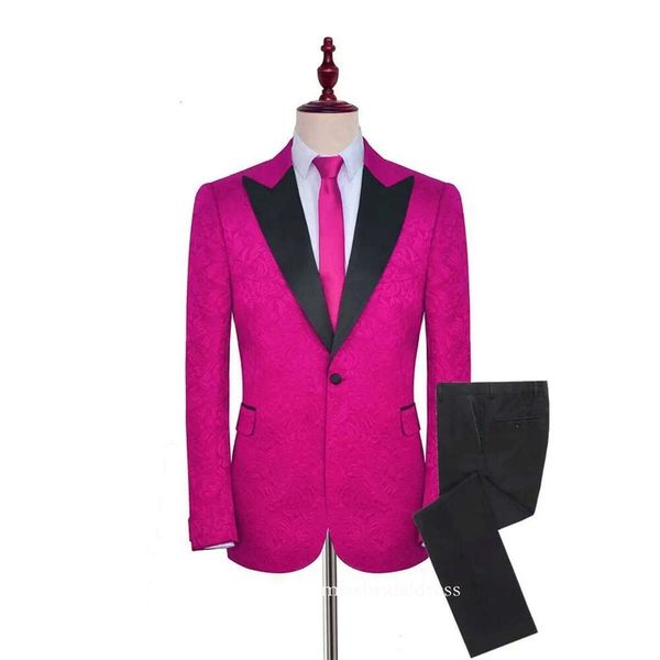 Custom Made Men Suits Hot Pink Pattern And Black Groom Tuxedos Peak Satin Lapel Groomsmen Wedding Best Man 2 Pieces Jacket+Pants+Tie L499 D0309