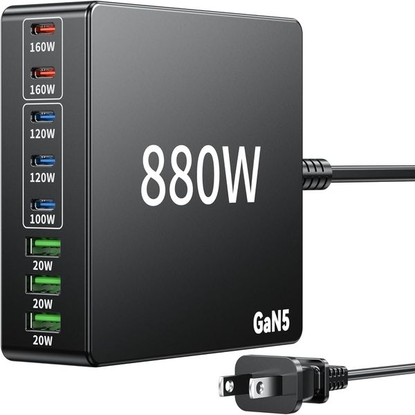880W USB C Charger Block Charging Station 8 Port Fast Chager 140W PD PPS AVS HUB Laptop MacBook Charger Compatible with All iPhone 17 Pro Max/17 Air/16 SE/Samsung
