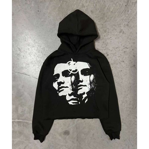 Women's large hooded sweatshirt retro long sleeved streetwear with portrait print Y2K Gothic Harajuku sweater from the 2000s S26