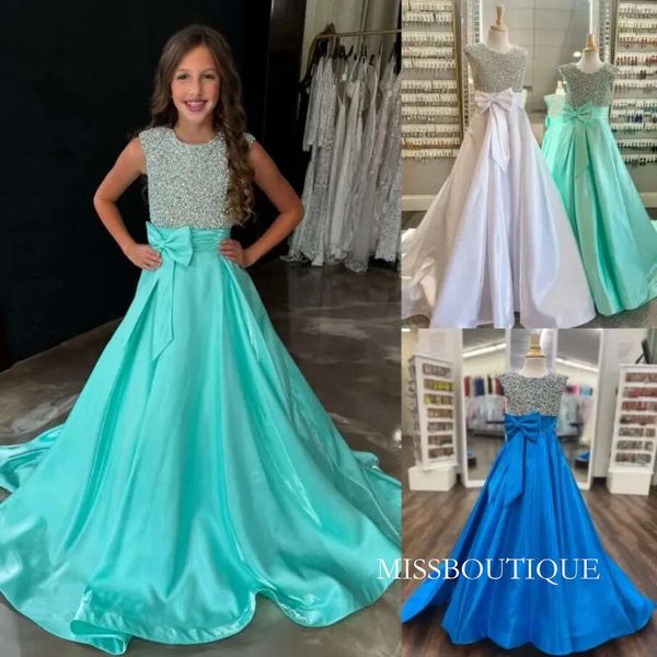 Aqua Pageant Pearl AB Stones Beaded Encrusted Bodice Bow Kid Birthday Formal Party Gown Toddler Teens Tiny Young Junior Miss Cap Sleeves Girl Dress J07 D0311