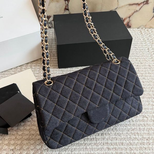 Blue Denim Shoulder Bag with Gold Chain