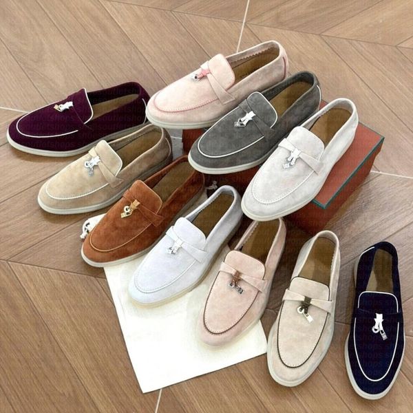 Brand Loafers Summer Charms Walk Suede Tassel Flat Shoes Comfort Shoes Slip on Women Gold or Silver Metal Lock Genuine Leather Decorate Flat Mules Casual Shoes