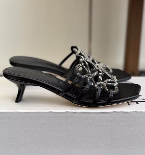 Perfect Summer Brand Women Rhinestone Petal Anagram Sandals Shoes Suede Leather Kitten Heels Slip On Mules Flip Flop Elegant Beach Slippers EU35-43