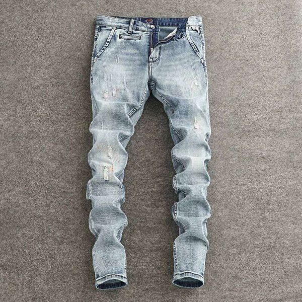Designer Fashion High Quality Retro Light Blue Stretch Slim Fit Painted Ripped Jeans Men Vintage Denim Pants Hombre S26