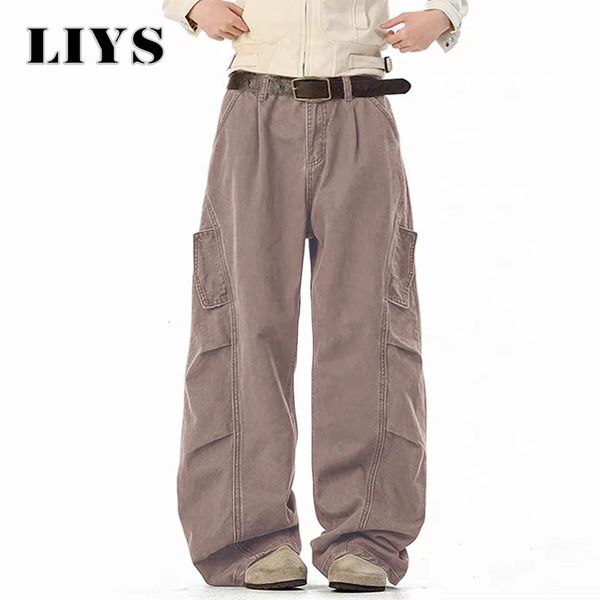 LIYS Brown Baggy Wide Leg Casual Jeans Cotton